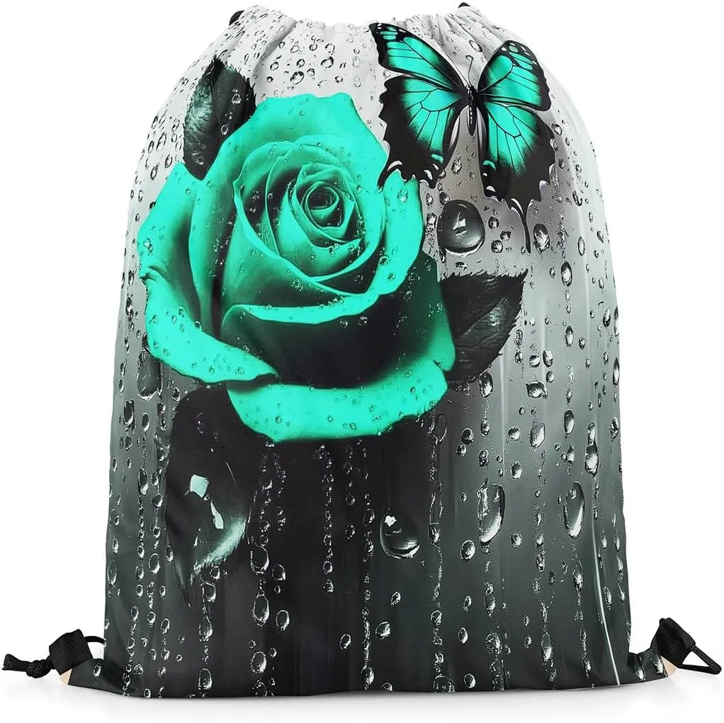 jejeloiu Green Rose Sports Drawstring Sackpack Floral Blossom Rose Drawstring Backpack 13"x15.7" Drawstring Backpackroom,Rose Butterfly Drawstring Bags Rose Waterproof Cinch Bag