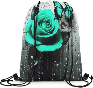 jejeloiu Green Rose Sports Drawstring Sackpack Floral Blossom Rose Drawstring Backpack 13"x15.7" Drawstring Backpackroom,Rose Butterfly Drawstring Bags Rose Waterproof Cinch Bag