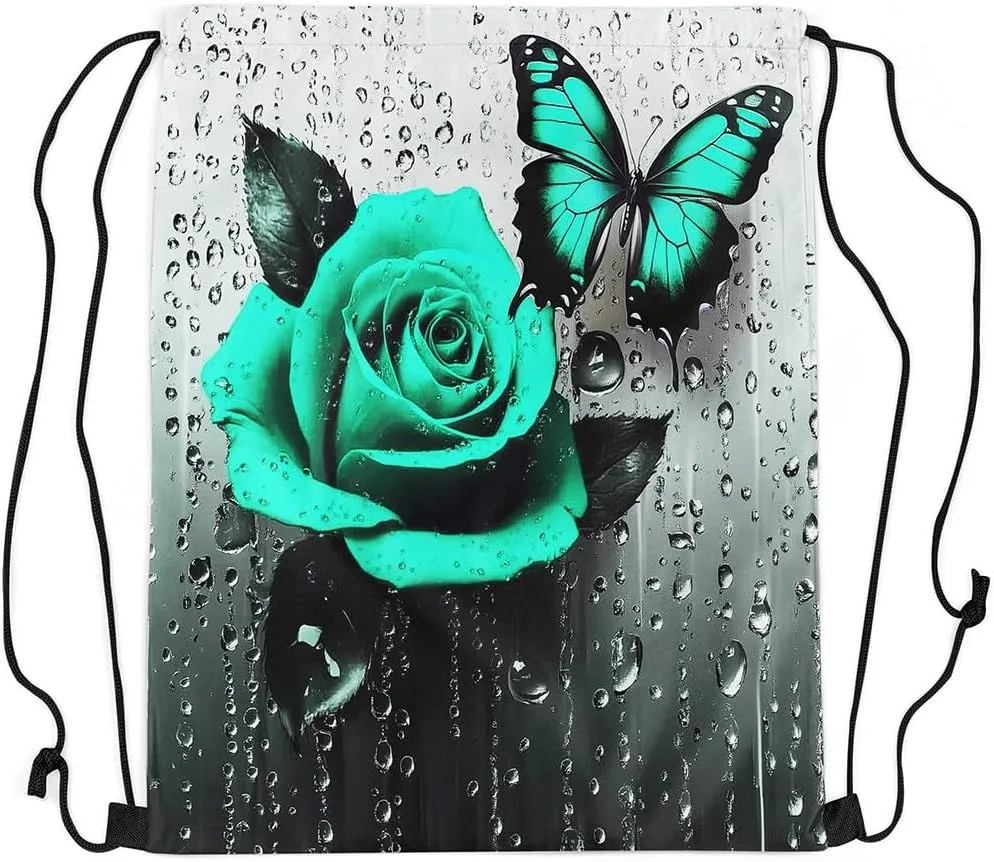 jejeloiu Green Rose Sports Drawstring Sackpack Floral Blossom Rose Drawstring Backpack 13"x15.7" Drawstring Backpackroom,Rose Butterfly Drawstring Bags Rose Waterproof Cinch Bag