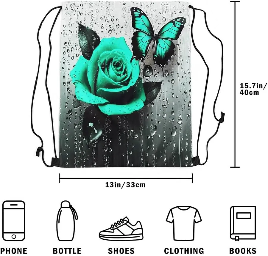 jejeloiu Green Rose Sports Drawstring Sackpack Floral Blossom Rose Drawstring Backpack 13"x15.7" Drawstring Backpackroom,Rose Butterfly Drawstring Bags Rose Waterproof Cinch Bag