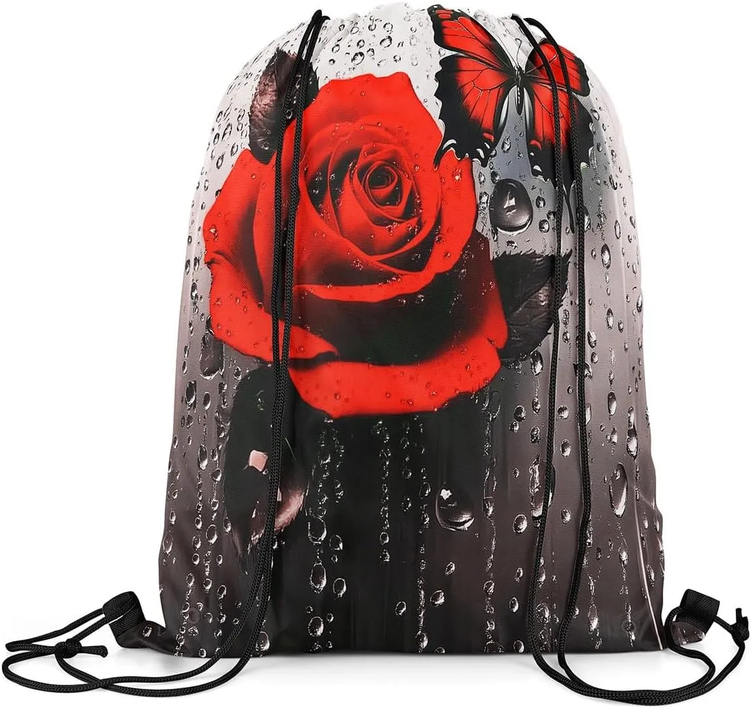 jejeloiu Red Flower Rose Sports Drawstring Sackpack Set,Romantic Floral Blossom Rose Drawstring Backpack 13"x15.7",Boys Drawstring Backpackroom,Rose Butterfly Drawstring Bags Rose