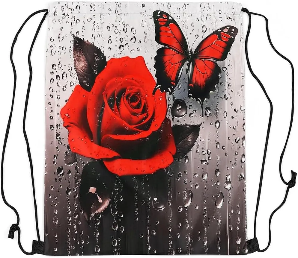 jejeloiu Red Flower Rose Sports Drawstring Sackpack Set,Romantic Floral Blossom Rose Drawstring Backpack 13"x15.7",Boys Drawstring Backpackroom,Rose Butterfly Drawstring Bags Rose