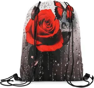 jejeloiu Red Flower Rose Sports Drawstring Sackpack Set,Romantic Floral Blossom Rose Drawstring Backpack 13"x15.7",Boys Drawstring Backpackroom,Rose Butterfly Drawstring Bags Rose