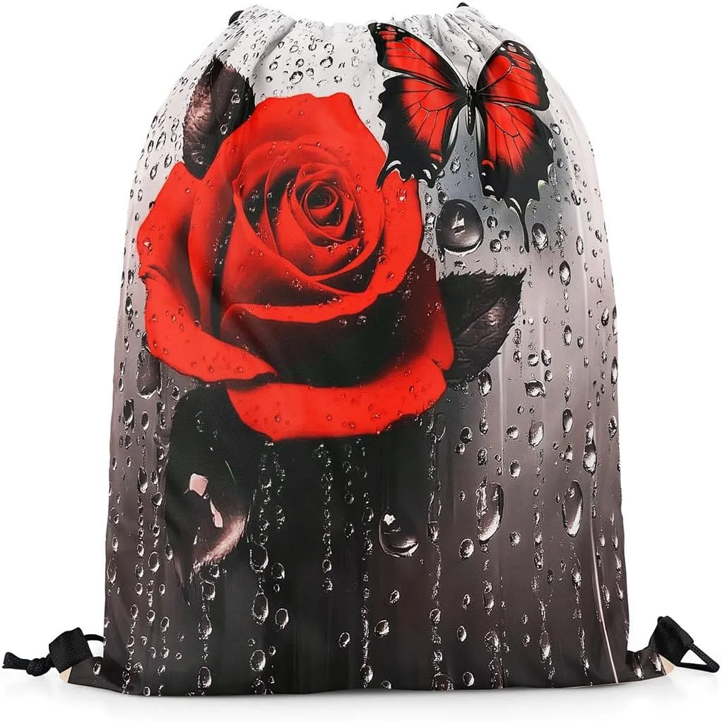 jejeloiu Red Flower Rose Sports Drawstring Sackpack Set,Romantic Floral Blossom Rose Drawstring Backpack 13"x15.7",Boys Drawstring Backpackroom,Rose Butterfly Drawstring Bags Rose