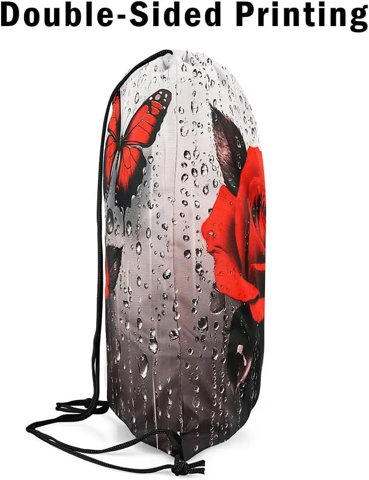 jejeloiu Red Flower Rose Sports Drawstring Sackpack Set,Romantic Floral Blossom Rose Drawstring Backpack 13"x15.7",Boys Drawstring Backpackroom,Rose Butterfly Drawstring Bags Rose