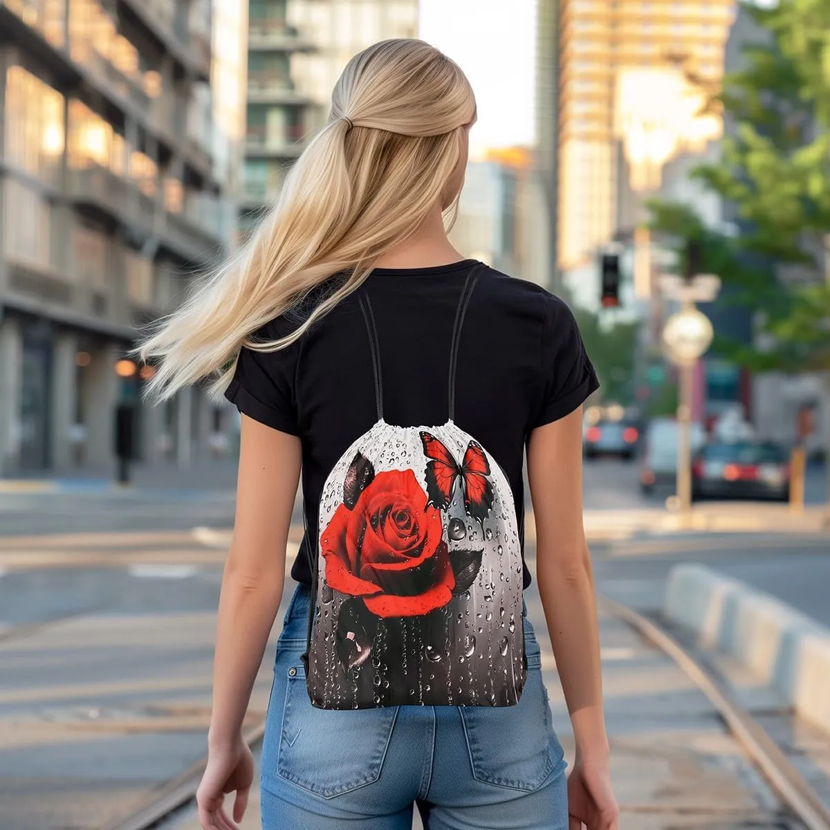 jejeloiu Red Flower Rose Sports Drawstring Sackpack Set,Romantic Floral Blossom Rose Drawstring Backpack 13"x15.7",Boys Drawstring Backpackroom,Rose Butterfly Drawstring Bags Rose