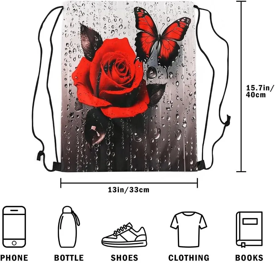 jejeloiu Red Flower Rose Sports Drawstring Sackpack Set,Romantic Floral Blossom Rose Drawstring Backpack 13"x15.7",Boys Drawstring Backpackroom,Rose Butterfly Drawstring Bags Rose