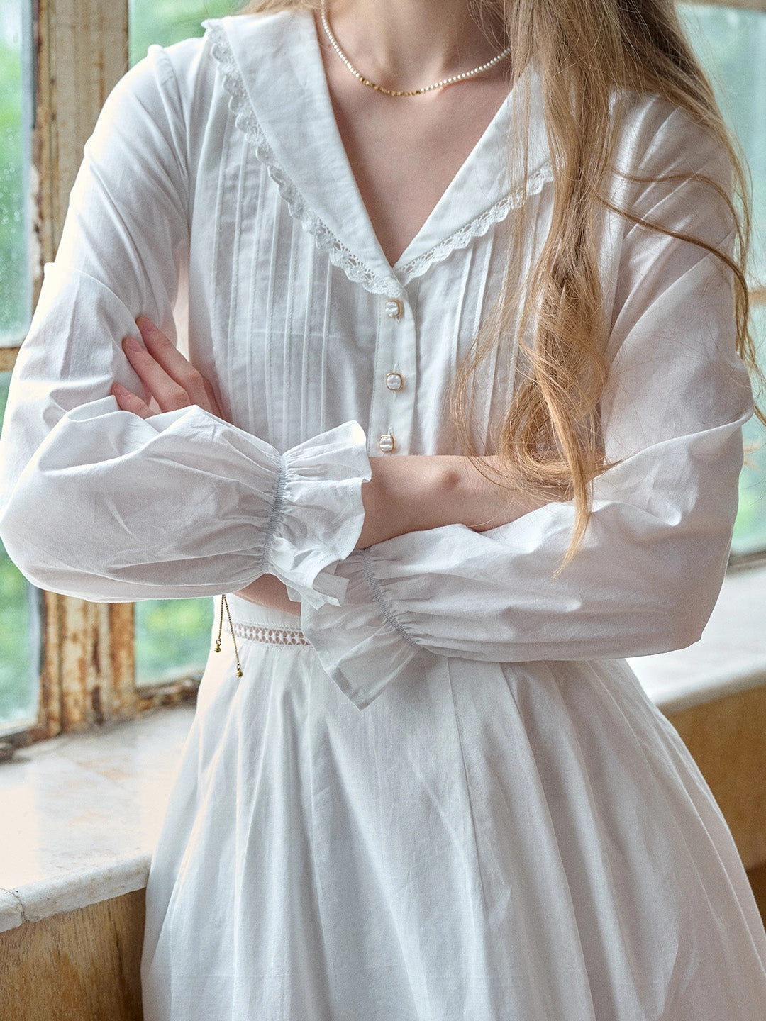 Jenna?V-Neck?100%?Cotton?White?Dress Stretch waistband Multipanel Construction Simple Dress