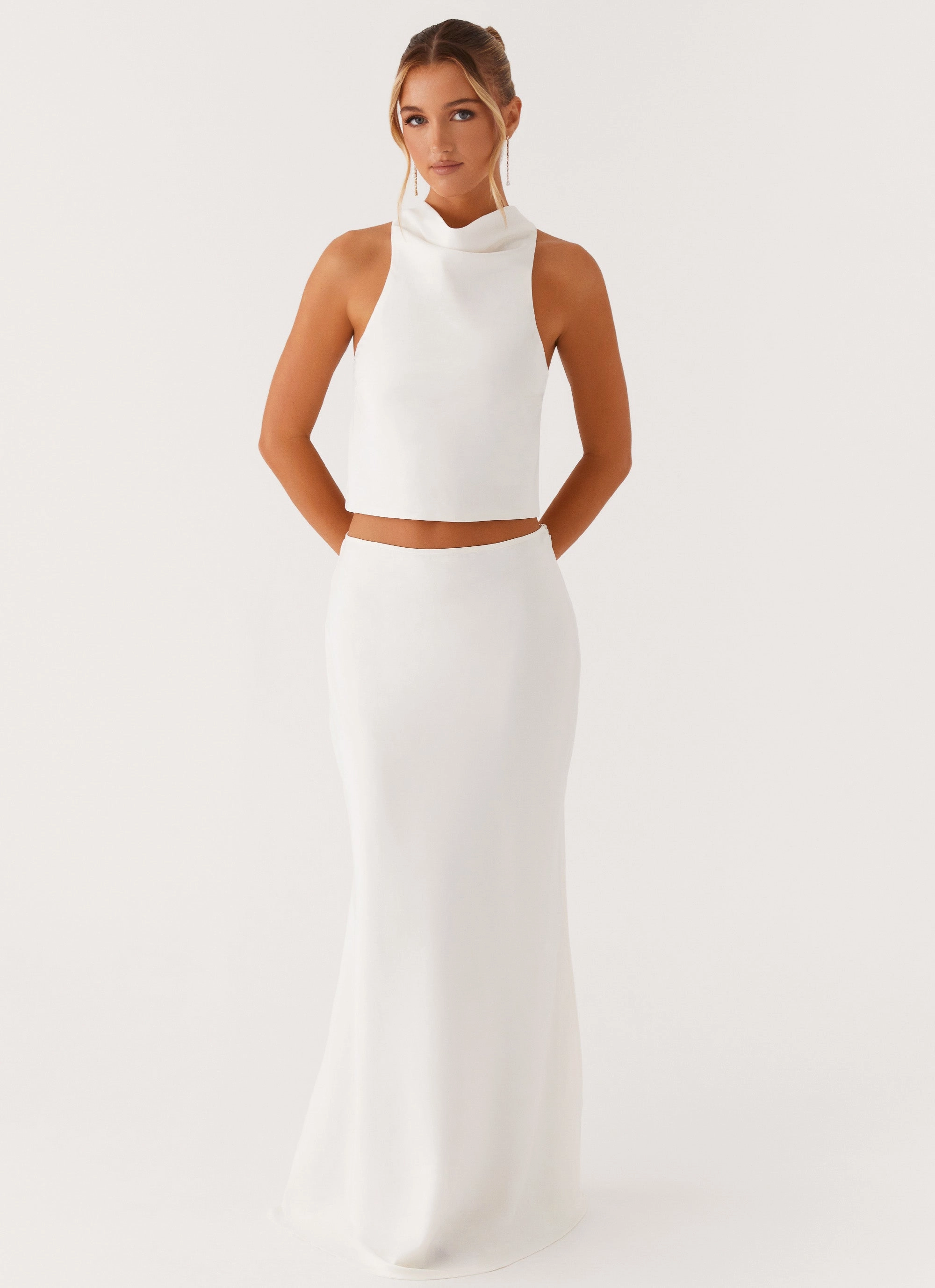 Mina Satin Maxi Skirt - White Tiered hem Invisible Seams
