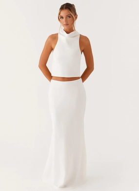 Mina Satin Maxi Skirt - White Tiered hem Invisible Seams