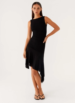 Winona Midi Dress - Black Elegant Fabric Belted-Style