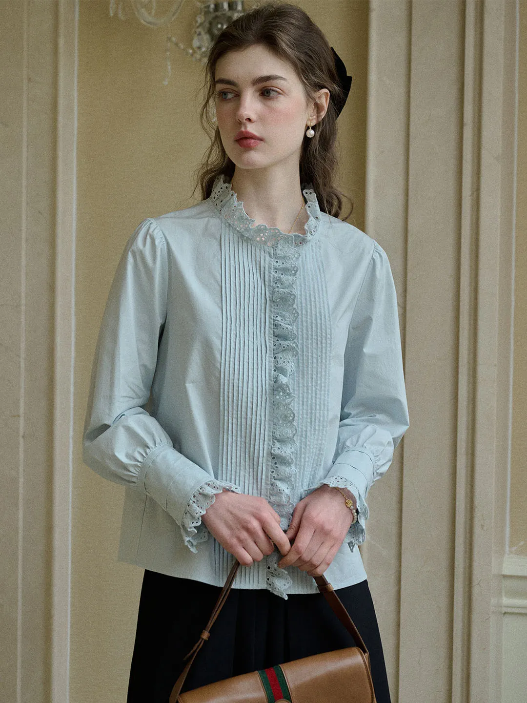 Jordyn Hollow Lace Patchwork Crew Neck Blouse Trendy Shirt