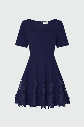 Joy Lace Combo Mini Godet Dress Sophisticated Line Mom Chic