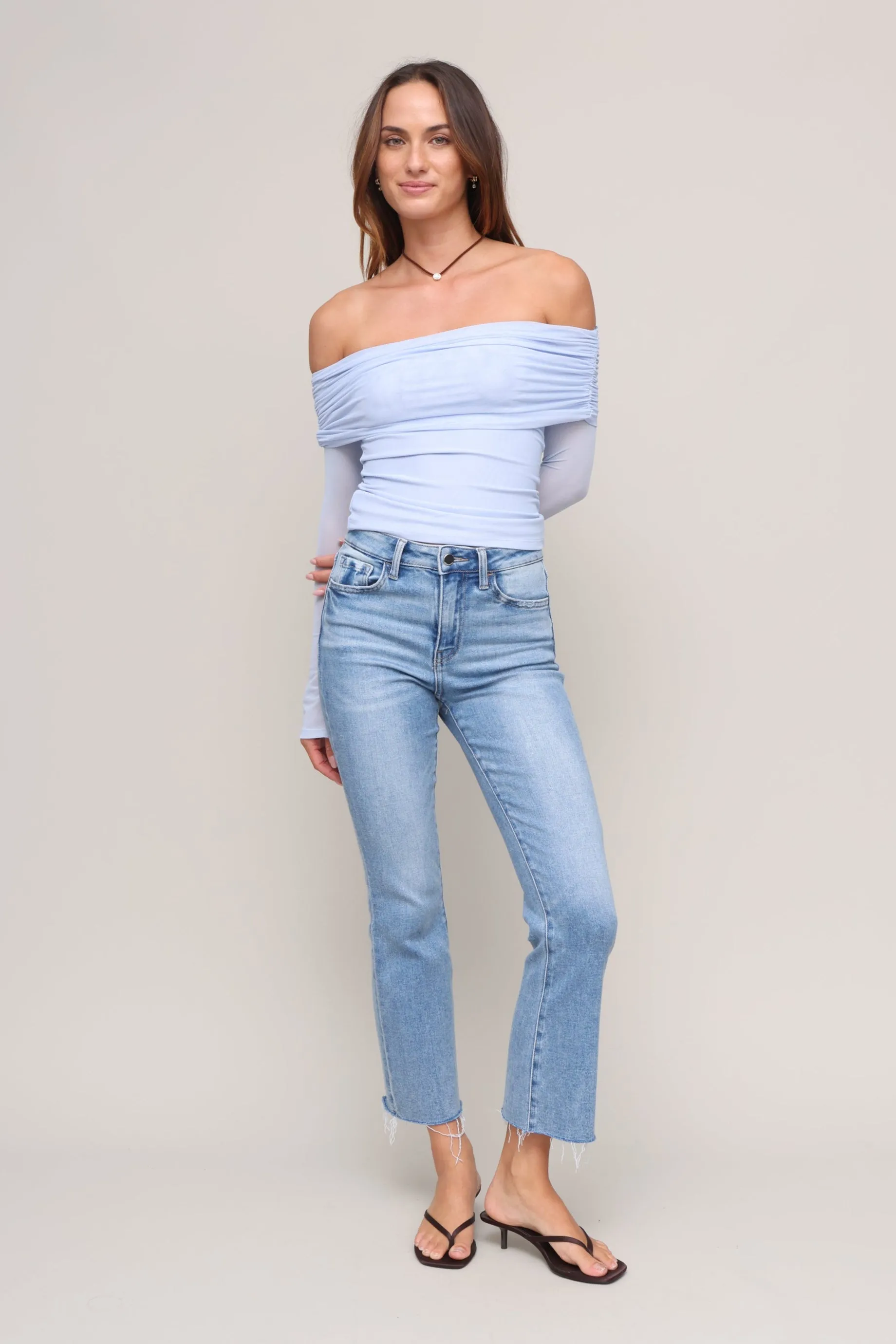 Jules Off Shoulder Mesh Shirt AdjustableHemCuffs FlexFoamInserts