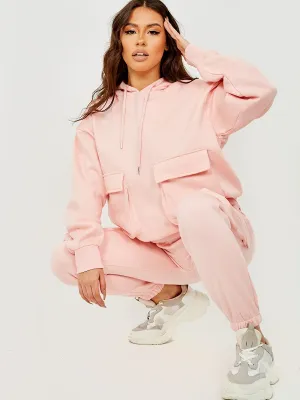 Jullia Utility Pocket Hooded Top & Trouser Fleece Co-ord In Pink