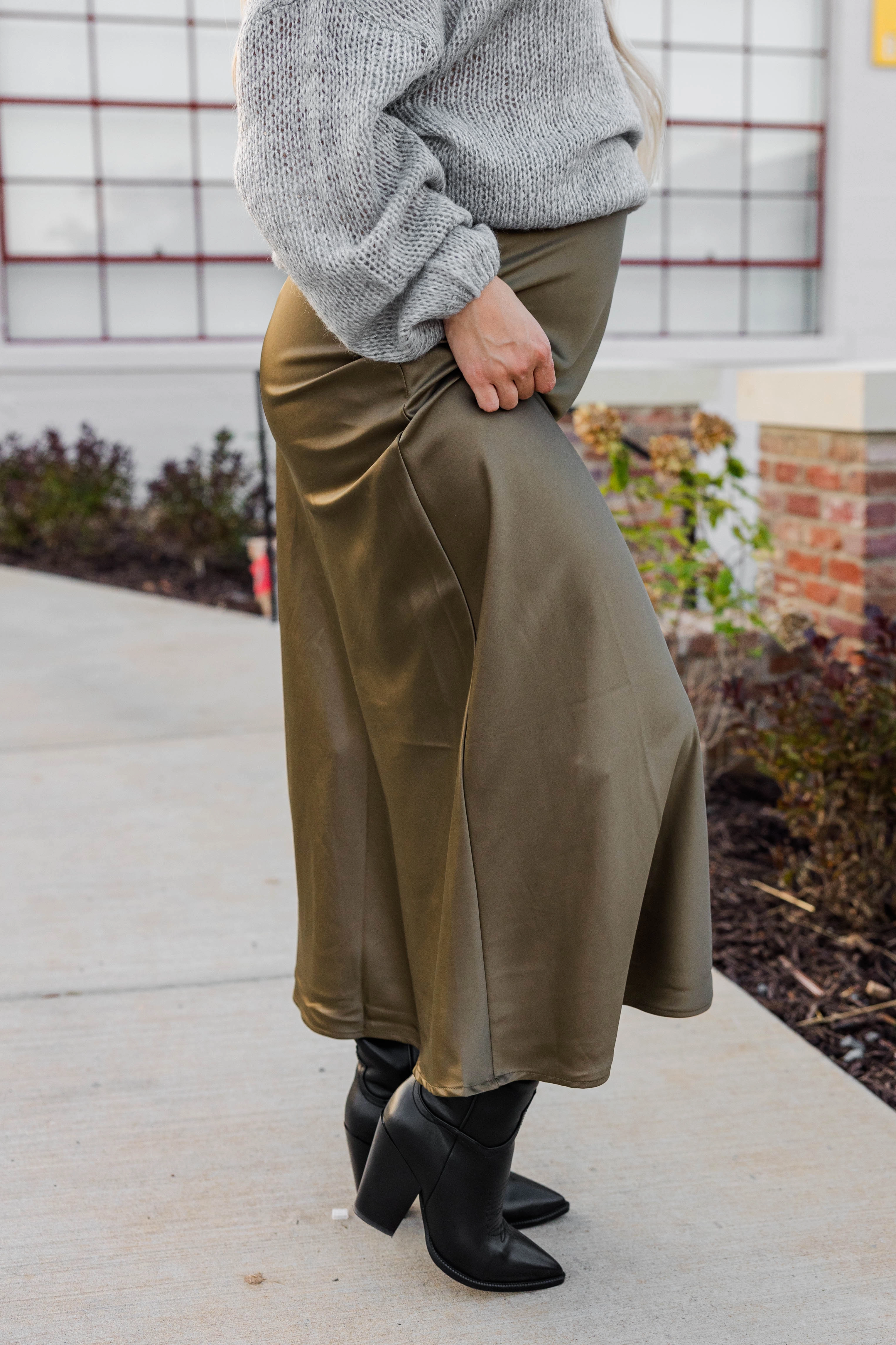 boho vibe Kacey Satin Maxi Skirt - Olive Daily Wear