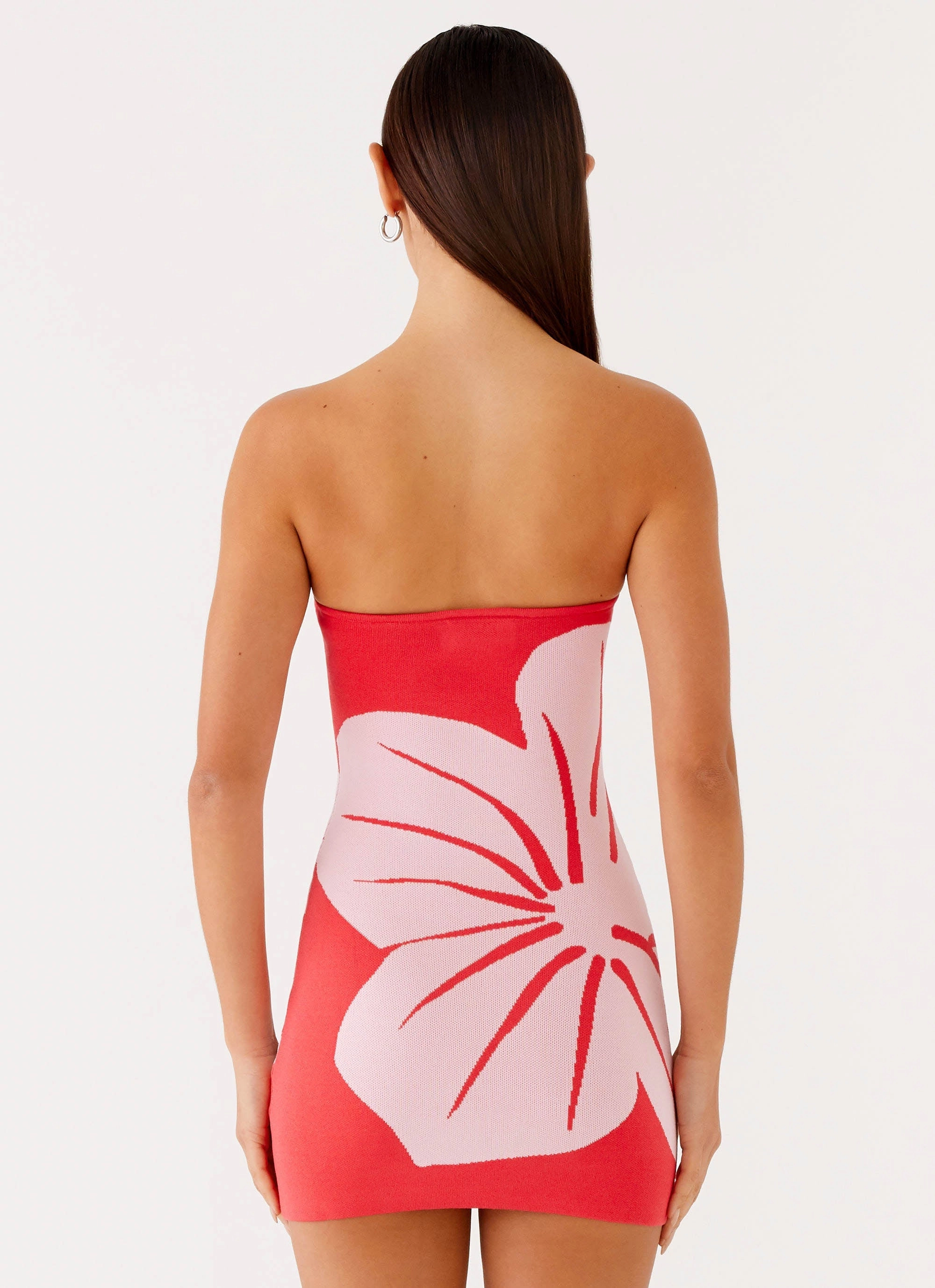 Kader Strapless Knit Mini Dress - Red Floral Sheer Overlay Smart Comfort