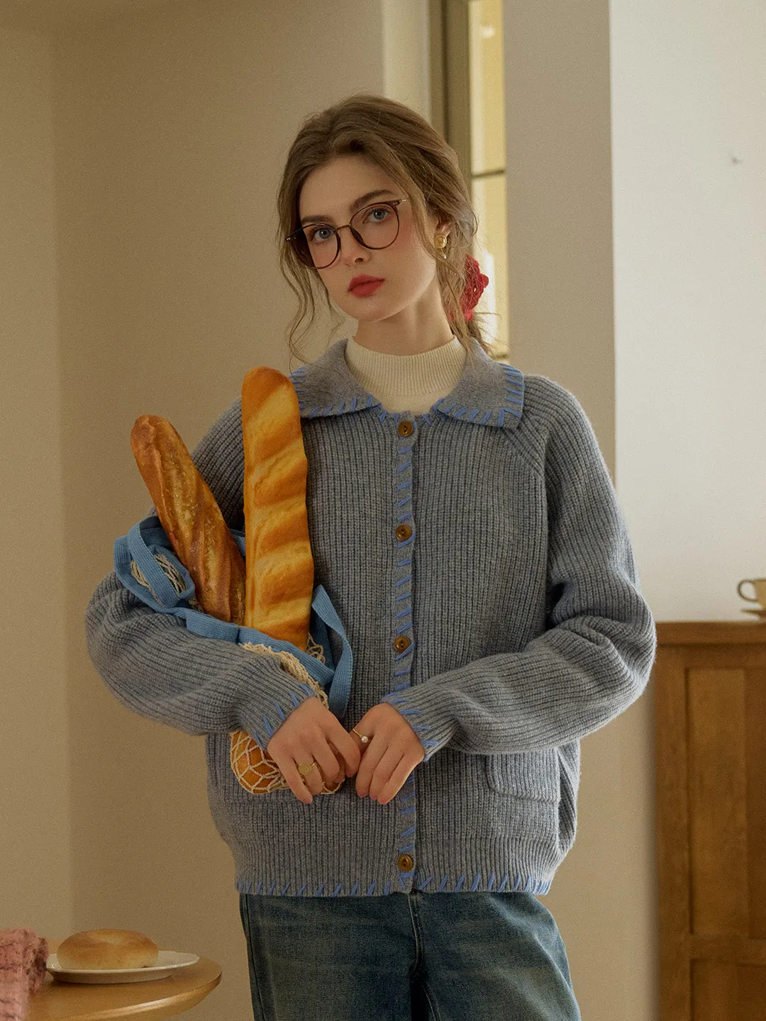 Reinforced Hem Stitching FrayResistant Fabric Kahlani Peter Pan Collar Contrasting Embroidered Pocket 100% Wool Cardigan - White
