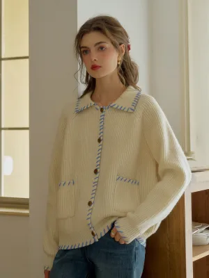 AbrasionResistant Edging Kahlani Peter Pan Collar Contrasting Embroidered Pocket 100% Wool Cardigan - White