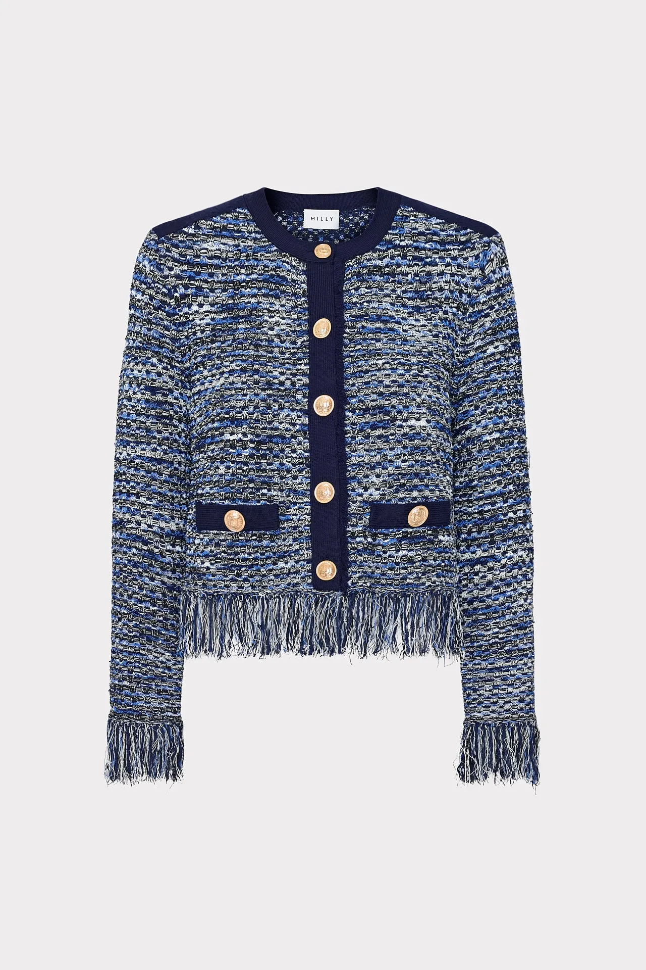 Kaia Textured Knit Cardigan Jacket Ribbed Collar Design CrewNeck