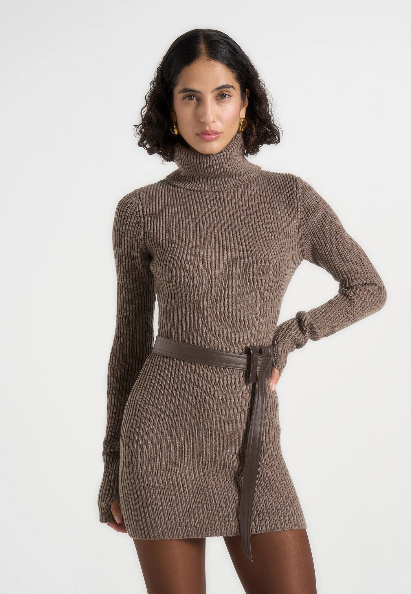 Kalia - Roll Neck Knitted Mini Dress With Belt - Taupe Daily Style