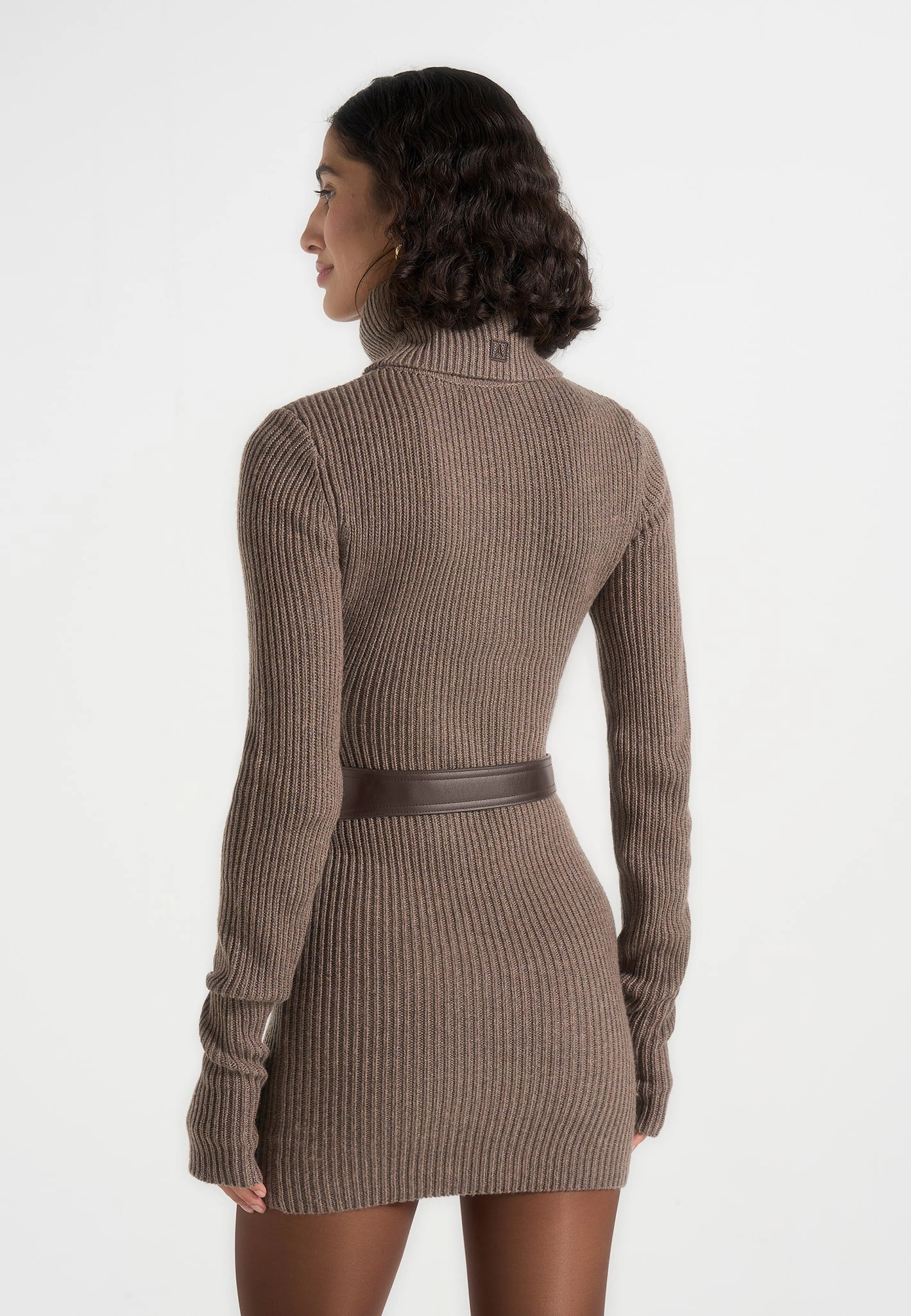 Kalia - Roll Neck Knitted Mini Dress With Belt - Taupe Warm Pink
