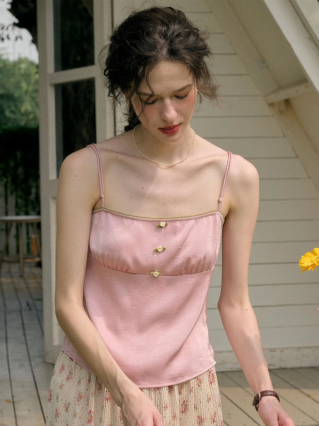 Ventilated Back Panel Kamryn Square Neck Lace Contrast Satin Camisole Top