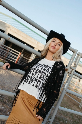 Kash Fringe Lace Crop Jacket Non Restrictive Cut Basic Tank