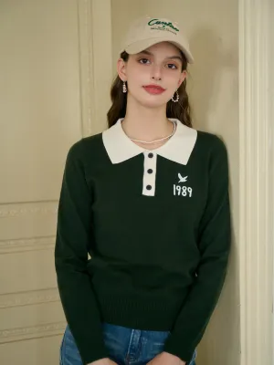 Distressed Texture AntiOdor Katie Classic Contrast Lapel Bird Embroidered Sweater