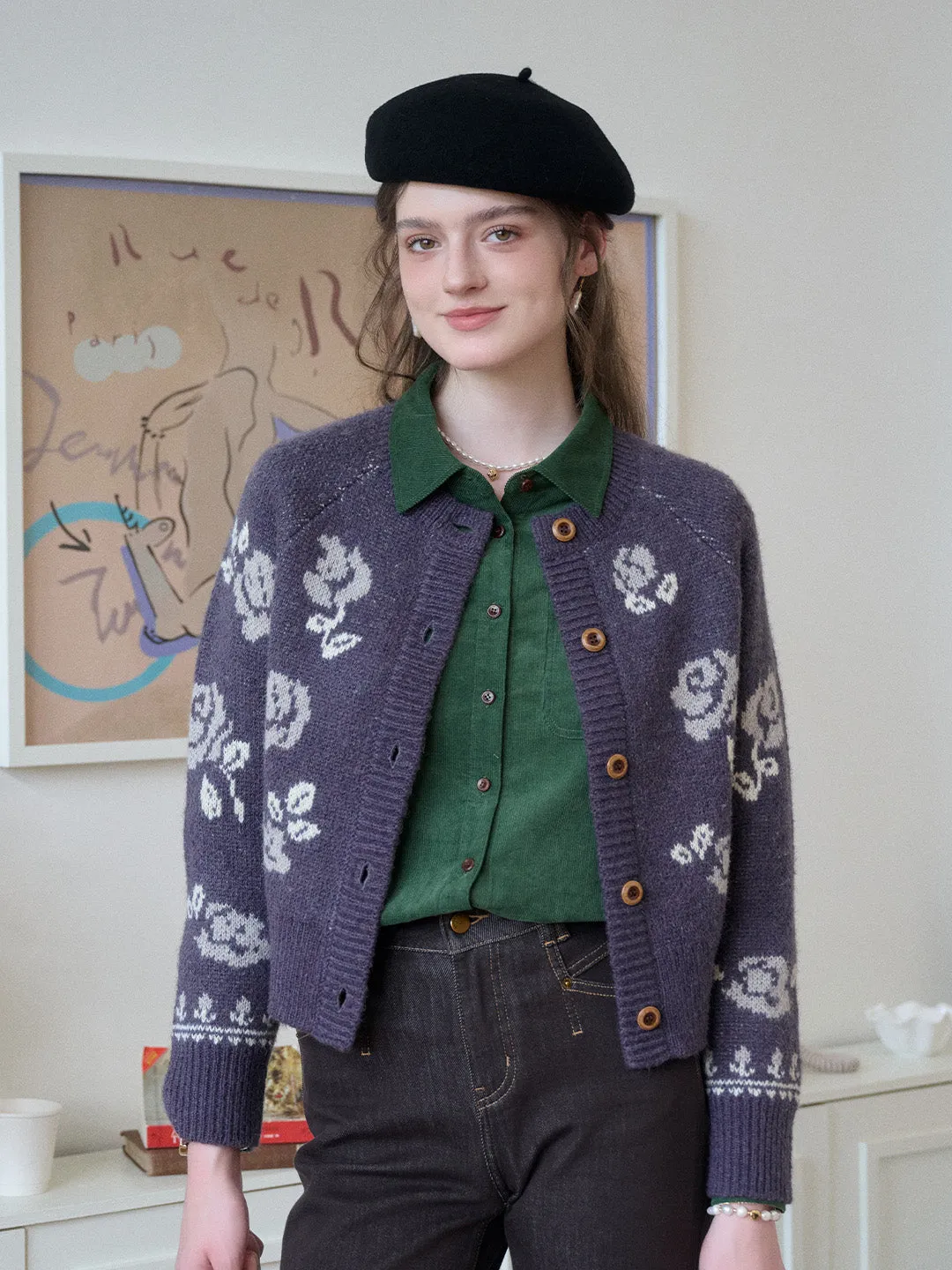 UniversalFit Katie Round Neck Jacquard Wool Cardigan