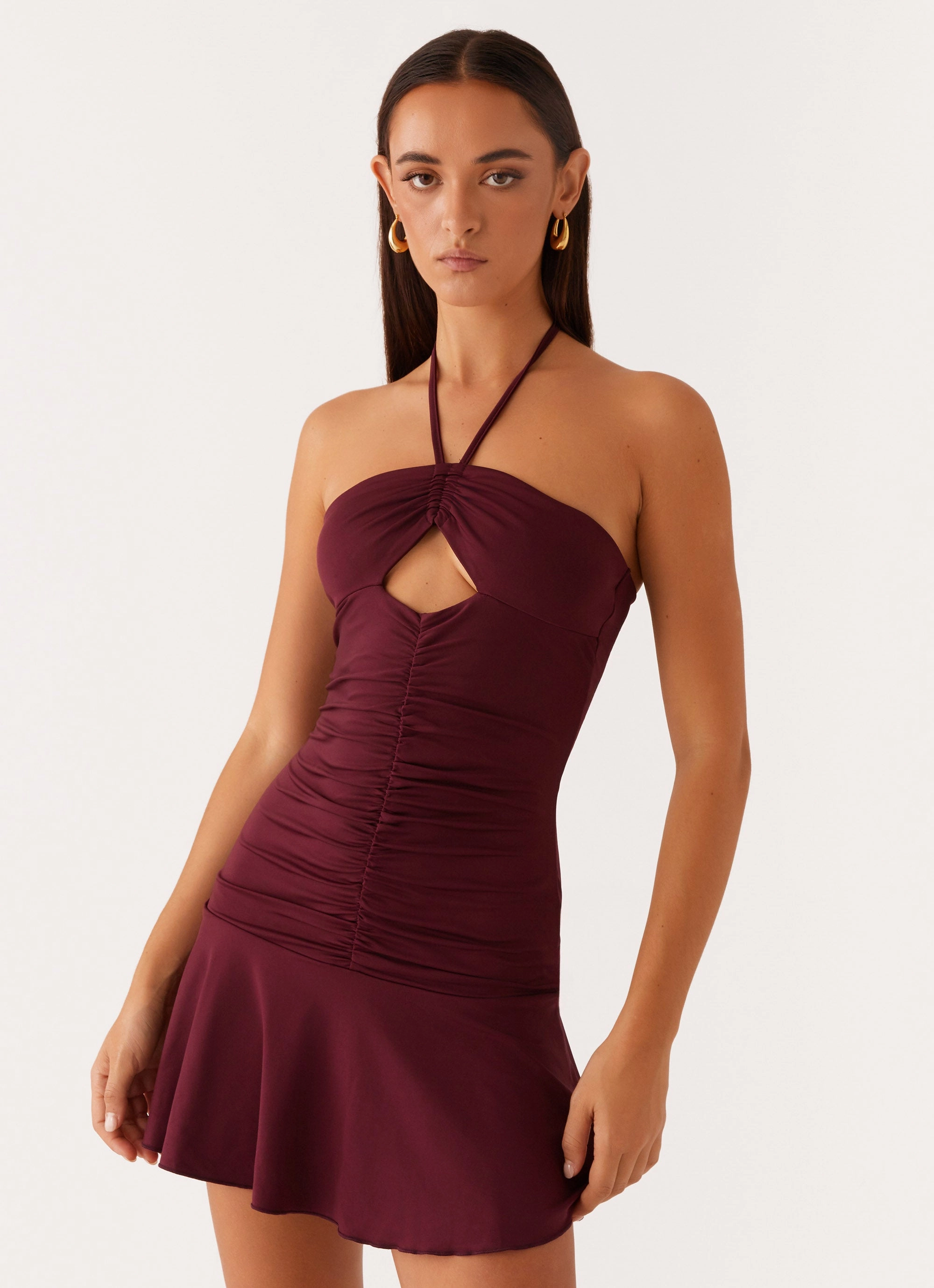 Katrina Halterneck Mini Dress - Deep Maroon Minimal Vibes