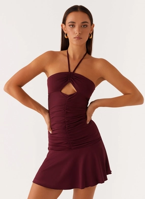 Katrina Halterneck Mini Dress - Deep Maroon Outfit Shot