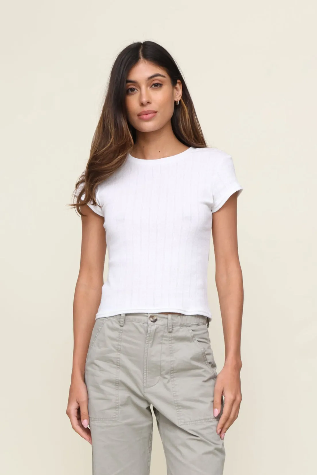 Katy Pointelle Baby Tee Colorfast Dye Method Tencel Blend Fabric