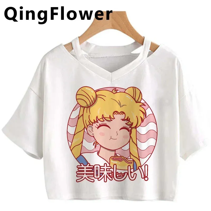 Kawaii Anime Cartoon Tee for Women - Fun Harajuku V-Neck Short Sleeve Top, Stylish Ulzzang Fashion for Summer