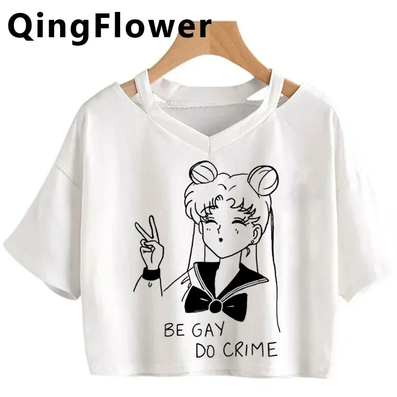Kawaii Anime Cartoon Tee for Women - Fun Harajuku V-Neck Short Sleeve Top, Stylish Ulzzang Fashion for Summer