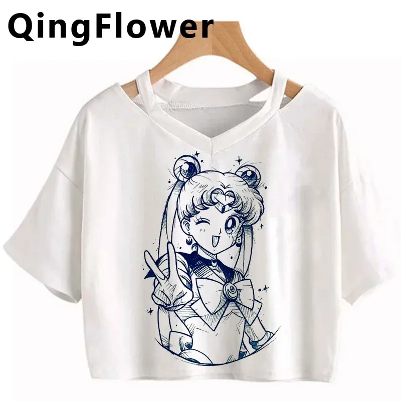 Kawaii Anime Cartoon Tee for Women - Fun Harajuku V-Neck Short Sleeve Top, Stylish Ulzzang Fashion for Summer