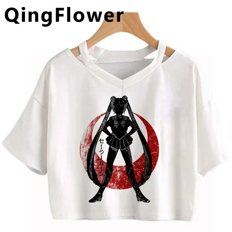Kawaii Anime Cartoon Tee for Women - Fun Harajuku V-Neck Short Sleeve Top, Stylish Ulzzang Fashion for Summer