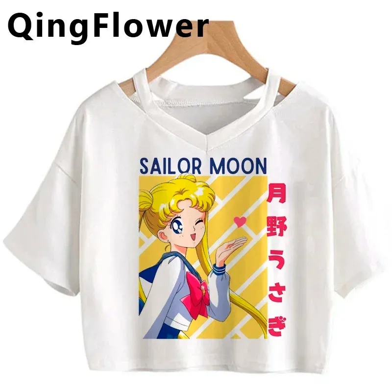 Kawaii Anime Cartoon Tee for Women - Fun Harajuku V-Neck Short Sleeve Top, Stylish Ulzzang Fashion for Summer