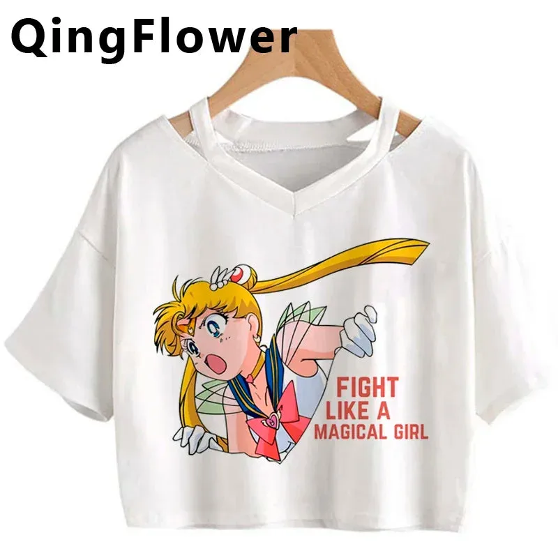 Kawaii Anime Cartoon Tee for Women - Fun Harajuku V-Neck Short Sleeve Top, Stylish Ulzzang Fashion for Summer