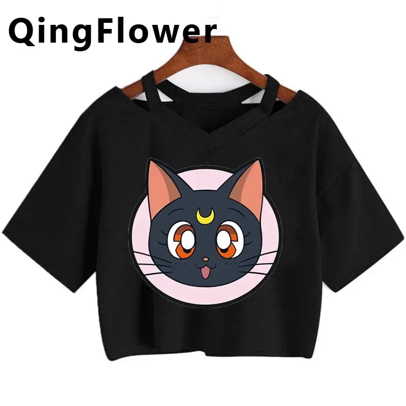 Kawaii Anime Cartoon Tee for Women - Fun Harajuku V-Neck Short Sleeve Top, Stylish Ulzzang Fashion for Summer
