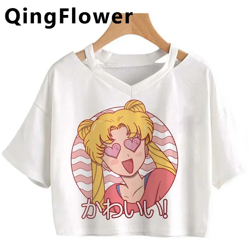 Kawaii Anime Cartoon Tee for Women - Fun Harajuku V-Neck Short Sleeve Top, Stylish Ulzzang Fashion for Summer