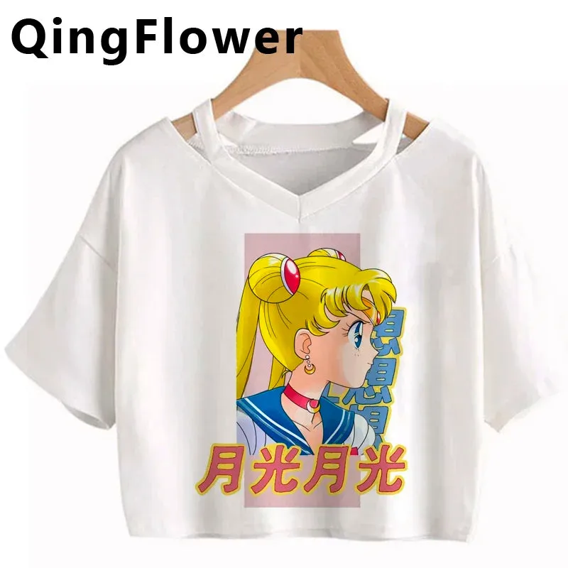 Kawaii Anime Cartoon Tee for Women - Fun Harajuku V-Neck Short Sleeve Top, Stylish Ulzzang Fashion for Summer