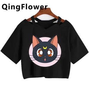 Kawaii Anime Cartoon Tee for Women - Fun Harajuku V-Neck Short Sleeve Top, Stylish Ulzzang Fashion for Summer