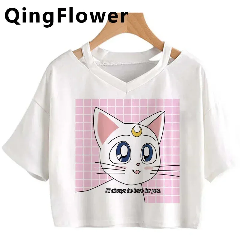 Kawaii Anime Cartoon Tee for Women - Fun Harajuku V-Neck Short Sleeve Top, Stylish Ulzzang Fashion for Summer