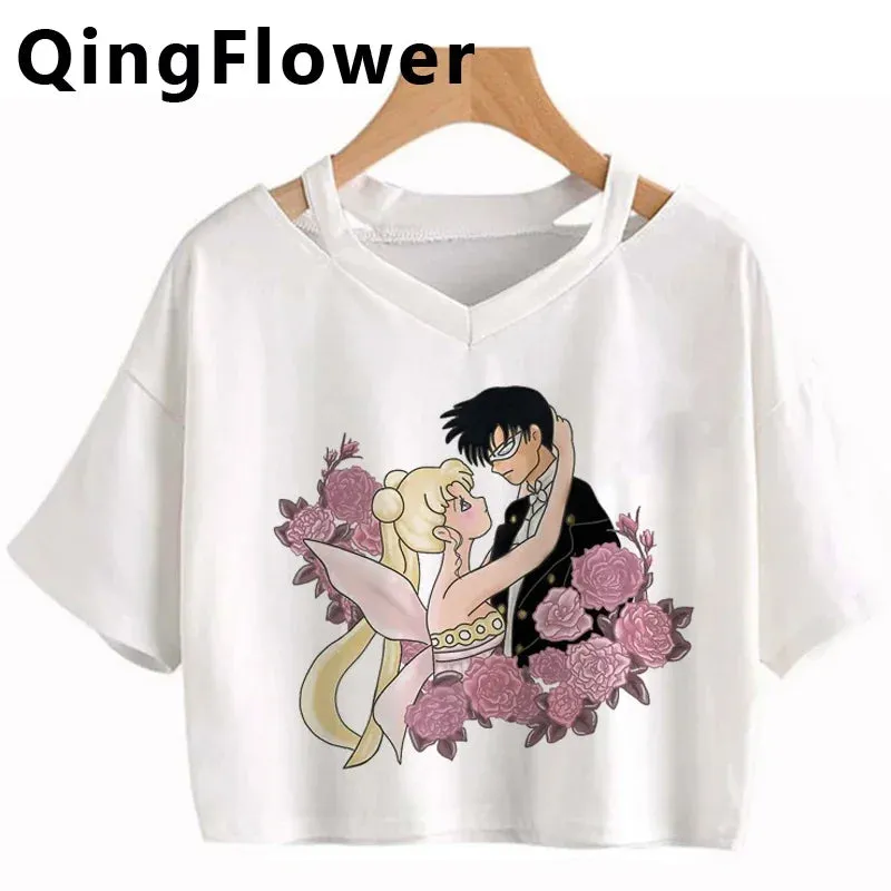 Kawaii Anime Cartoon Tee for Women - Fun Harajuku V-Neck Short Sleeve Top, Stylish Ulzzang Fashion for Summer