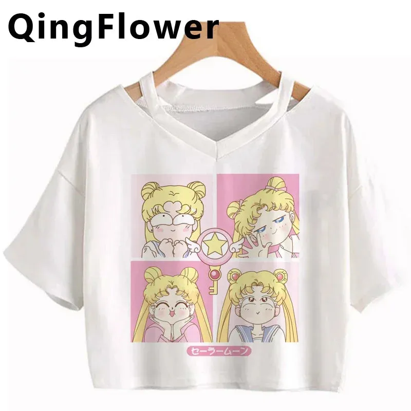Kawaii Anime Cartoon Tee for Women - Fun Harajuku V-Neck Short Sleeve Top, Stylish Ulzzang Fashion for Summer