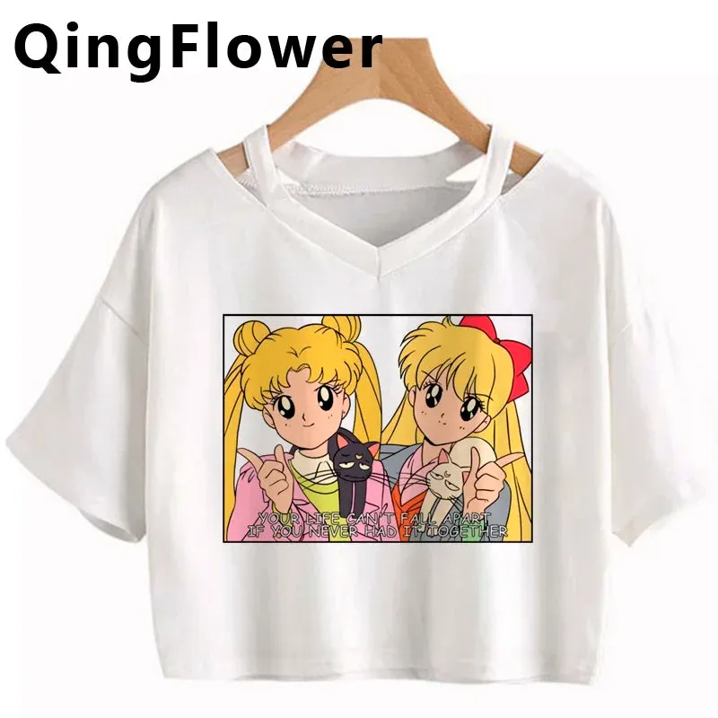 Kawaii Anime Cartoon Tee for Women - Fun Harajuku V-Neck Short Sleeve Top, Stylish Ulzzang Fashion for Summer