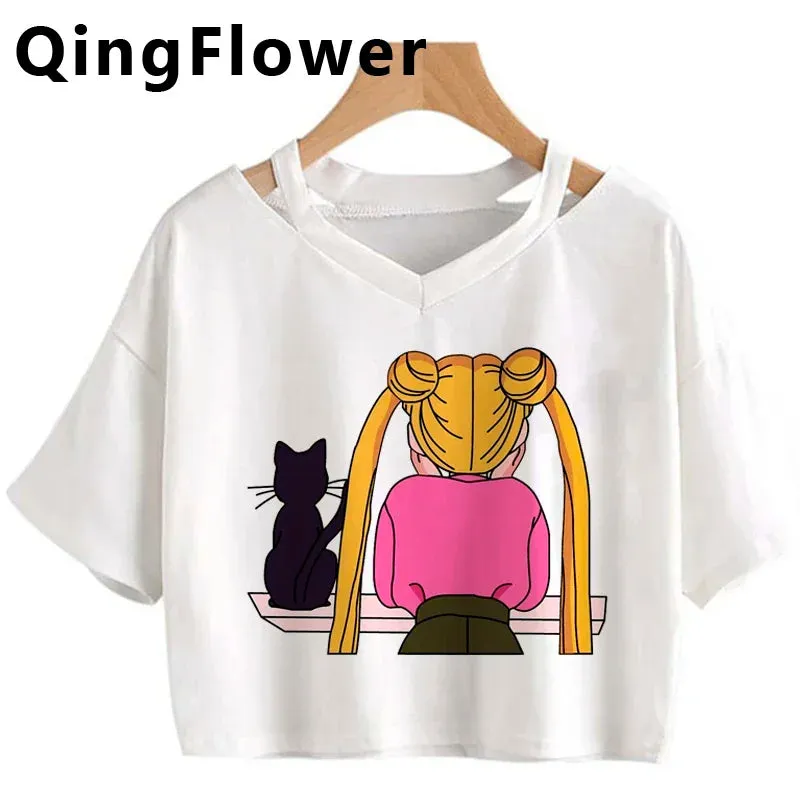 Kawaii Anime Cartoon Tee for Women - Fun Harajuku V-Neck Short Sleeve Top, Stylish Ulzzang Fashion for Summer