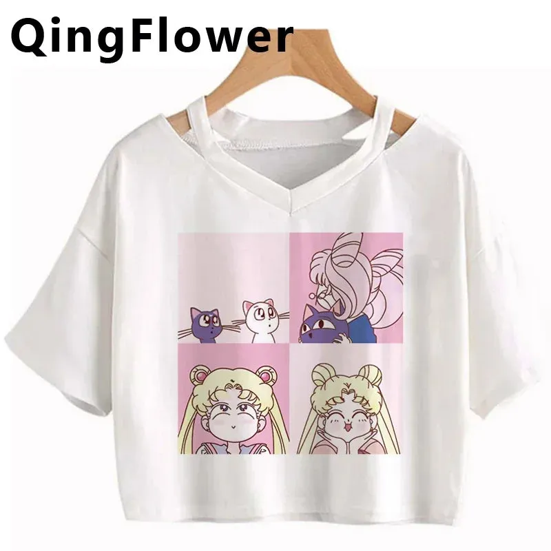 Kawaii Anime Cartoon Tee for Women - Fun Harajuku V-Neck Short Sleeve Top, Stylish Ulzzang Fashion for Summer