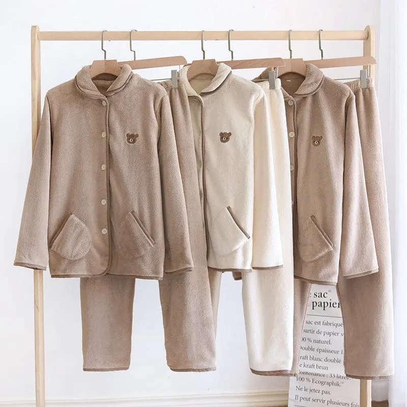 Kawaii Bear Plush Coffee Flannel Pajamas